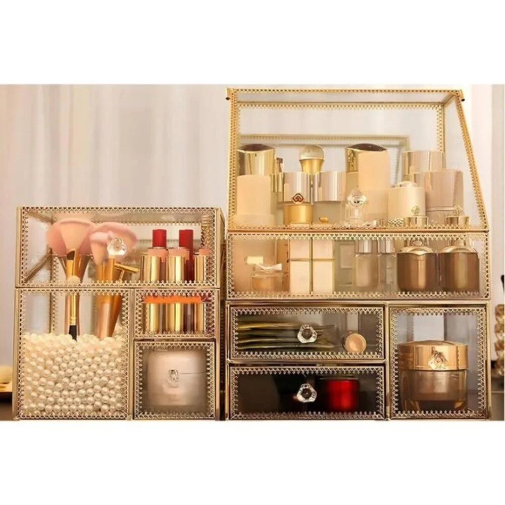 New Large Glass Makeup Organizer Drawer Set, 16In Beauty & Cosmetic Storage Box